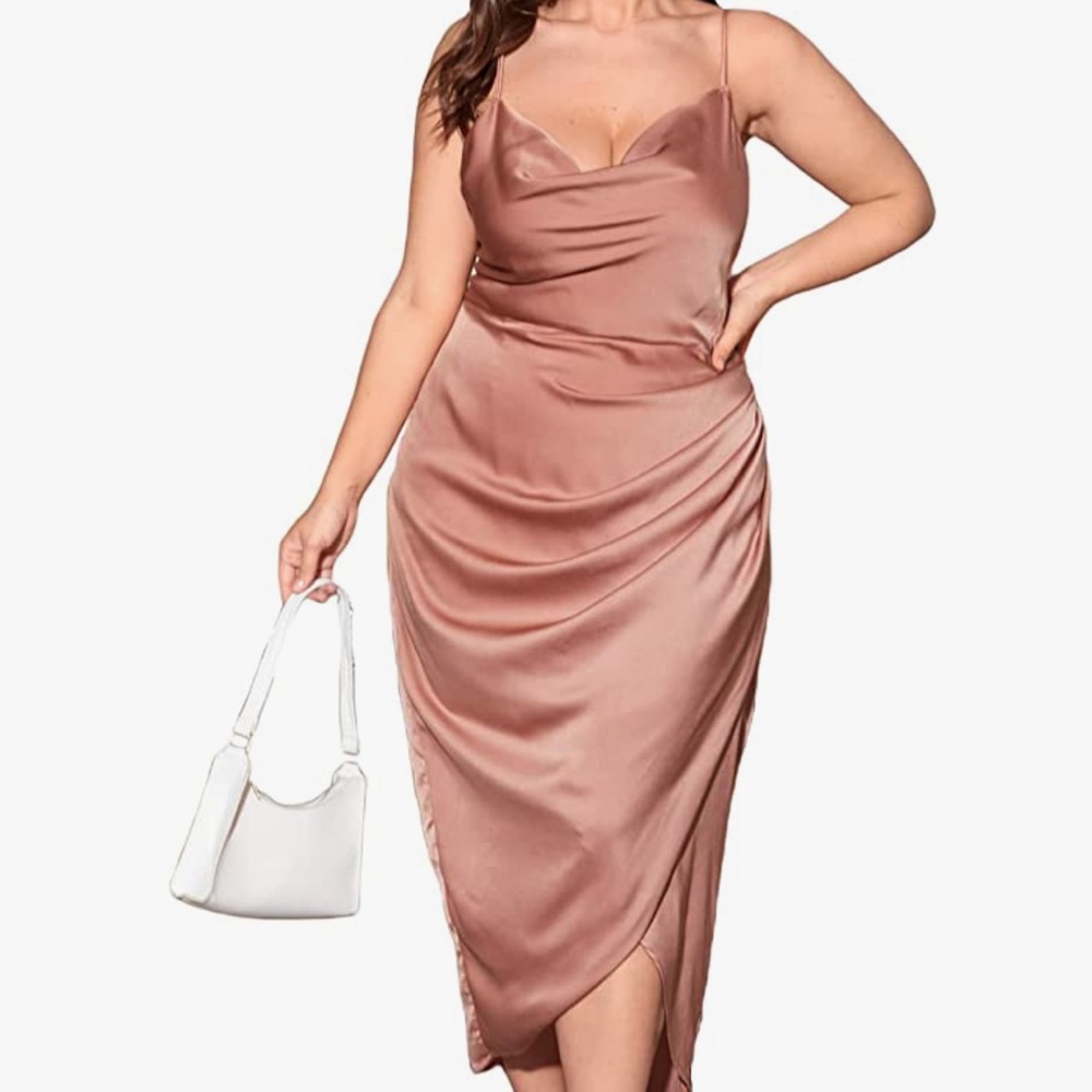 Plus Satin Cowl Neck Dress